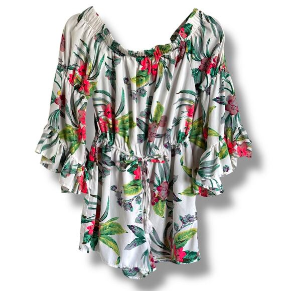 Hint of Blush Floral Off-Shoulder Romper - Size Small - Bell Sleeves White Print - Picture 3 of 7